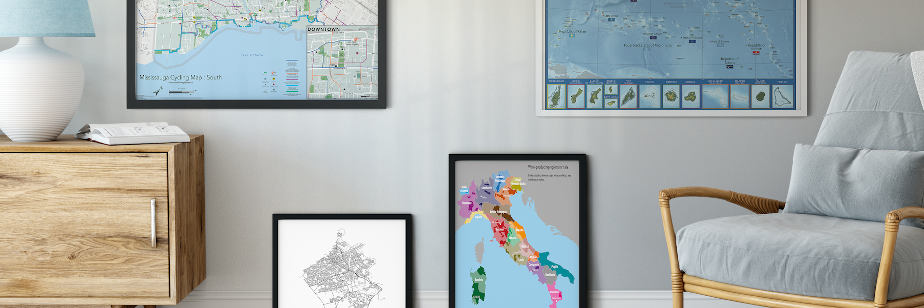 mockup of multiple map projects framed in a living room