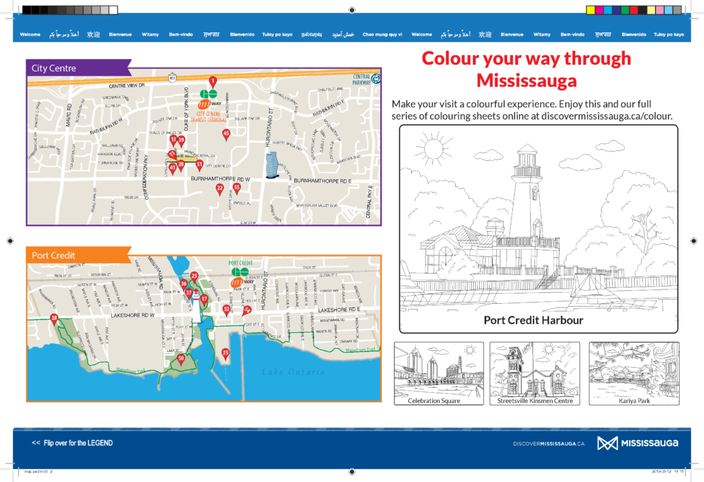 print template for colouring page of 2019 Mississauga Visitor Guide map pad