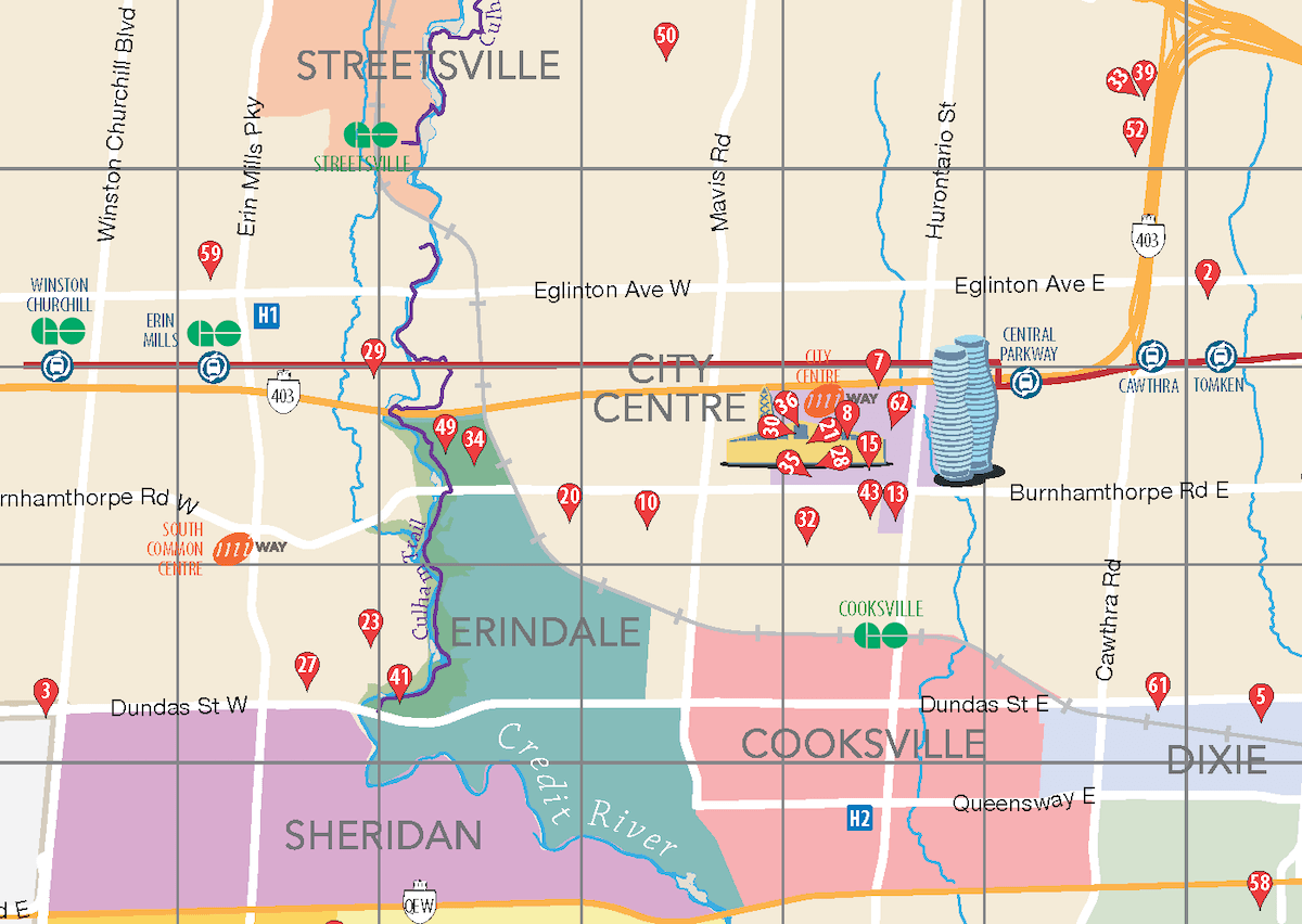 detail of Mississauga visitor guide map