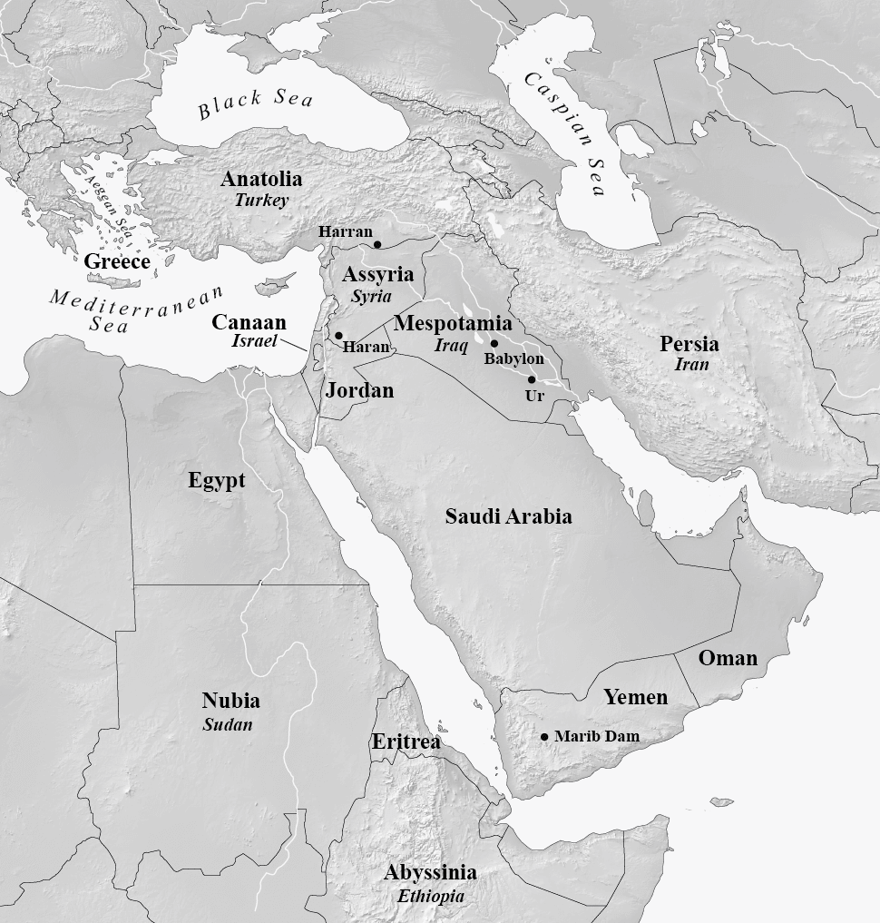 greyscale map of Middle East for Book of Job showing locations relevant to Church fathers