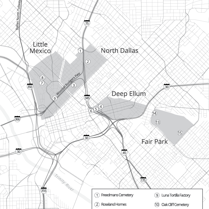 cropped detail of Map of Dallas neighbourhoods affected by Central Expressway construction