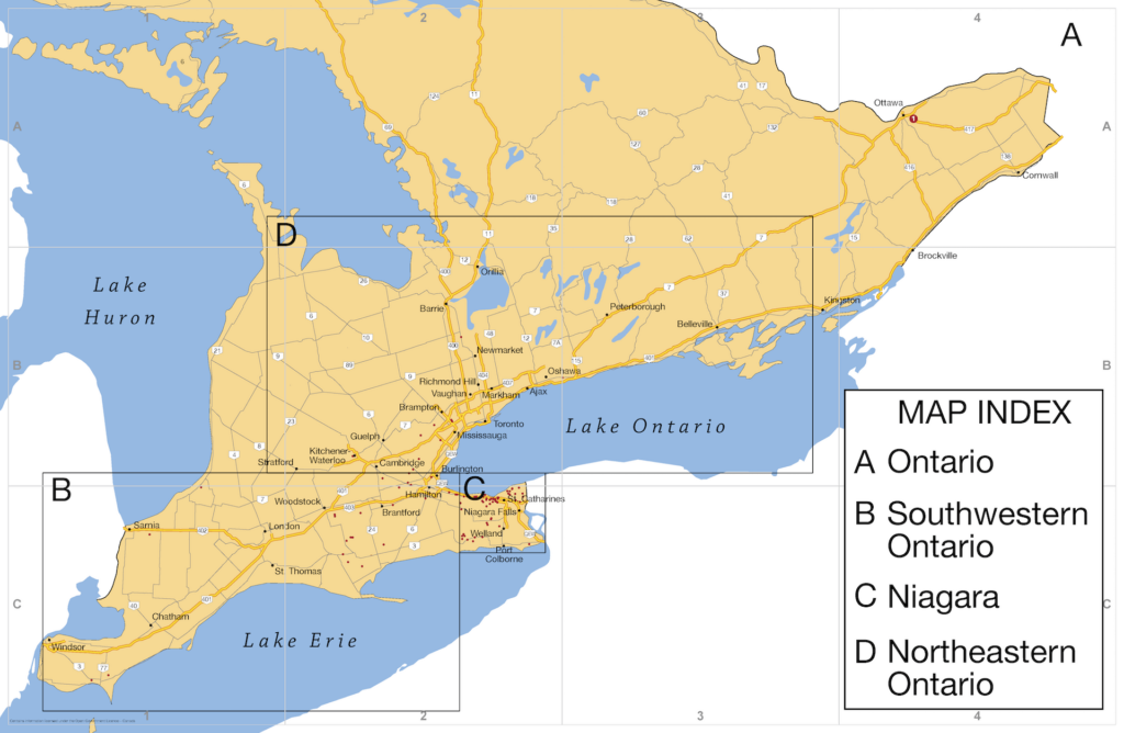 map of Southern Ontario with locations of Flowers Canada members