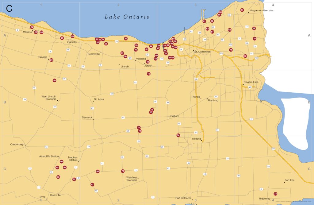 map of Niagara Region in Ontario with locations of Flowers Canada members