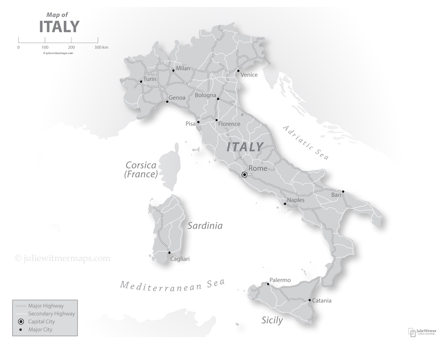 grayscale map of Italy showing major cities and highways