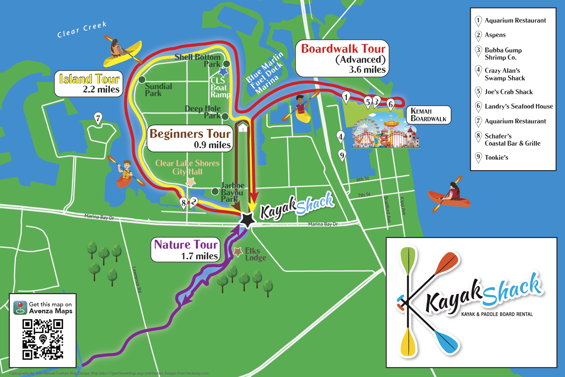 map showing location of Kayak Shack in Kemah, Texas; bright blue water, bright green land, roads in white and labelled in black; three paddling routes coloured by route, with name and distance in text boxes next to the routes; restaurants and landmarks plotted and numbered and listed in a legend in upper right; Kayak Shack logo on lower right; Avenza Maps QR code in lower left
