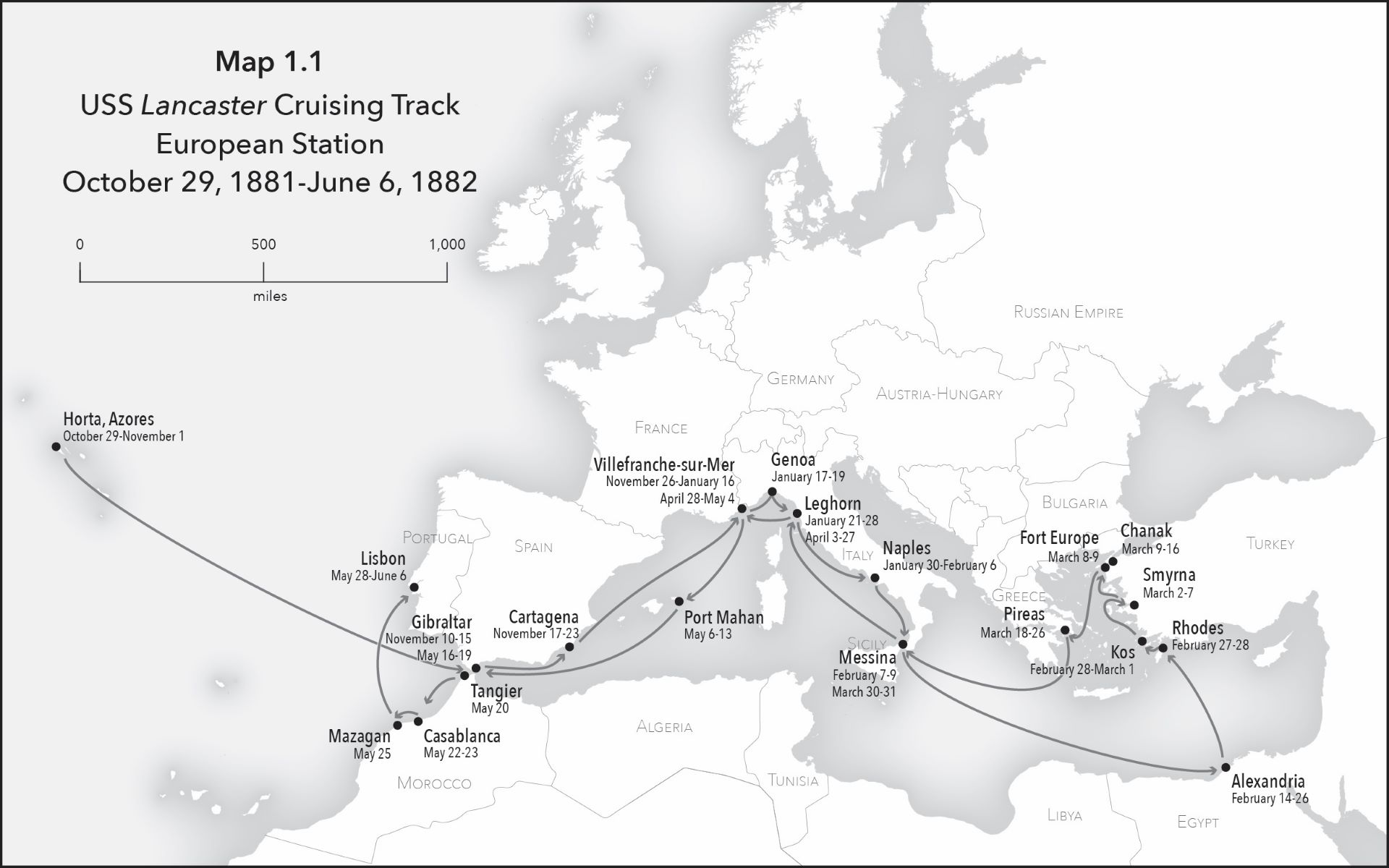greyscale map showing the cruising track of the USS Lancaster in the Mediterranean Sea in 1881-1882