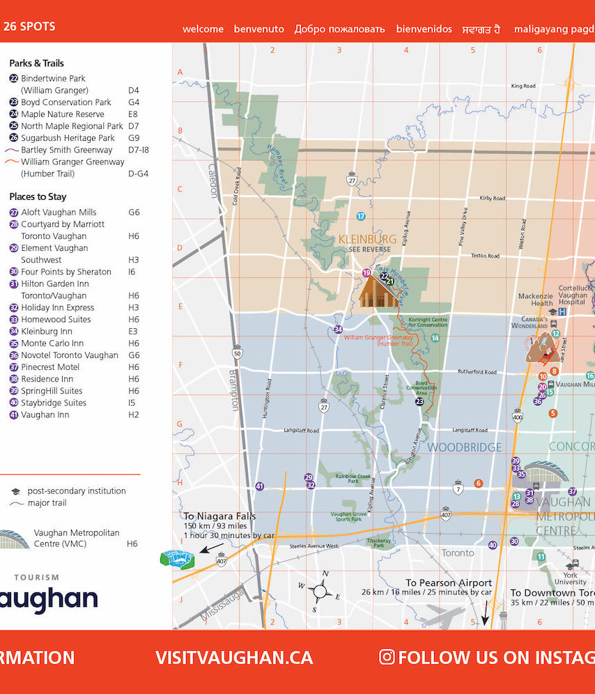 detail of Vaughan tourism map showing neighbourhoods in pastel colours; streets in white, points of interest numbered on the map and labelled by category in the legend to the left