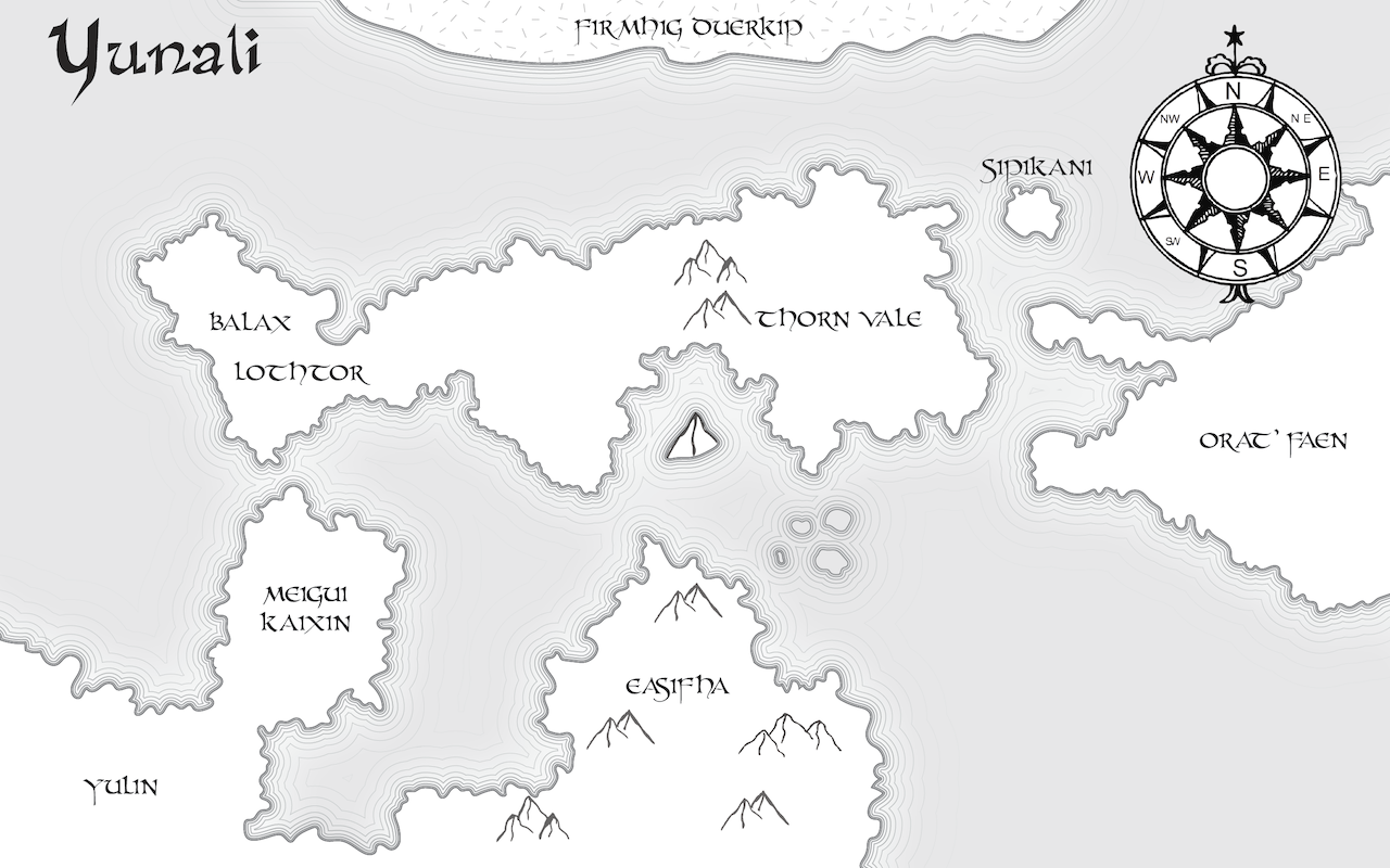 Map of fantasy realm of Yunali in books by M.K. MacLean; continent outlines, water lines with grey ocean, rivers, mountains, trees, roads, orchards, villages