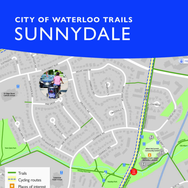 Sunnydale in Waterloo Wayfinding map for the City of Waterloo, Sunnydale neighbourhood. Shows major cycling routes and trails, bike parking, playgrounds, ION LRT route, and all roads in the approximately 500m radius.