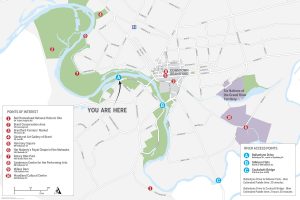 wayfinding sign showing access points on Grand River, along with points of interest in Brantford