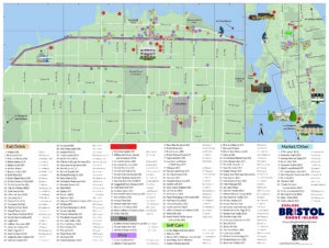 Map of Bristol with pastel green land, light blue water, white roads, points of interest numbered and categorized in the legend below the map. There are custom illustrations for some of the attractions.