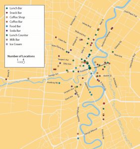 map of downtown Winnipeg showing locations and types of food businessers, grouped by colour to show type