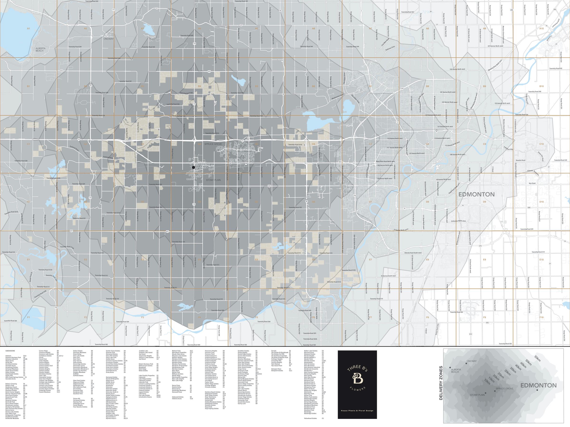map of delivery zones for Stony Plain, Alberta, flower shop; shows all major streets, labelled, shows subdivisions in beige; delivery zones in shades of grey