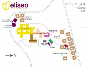 site plan of Eliseo retirement community with buildings colour-coded and labelled