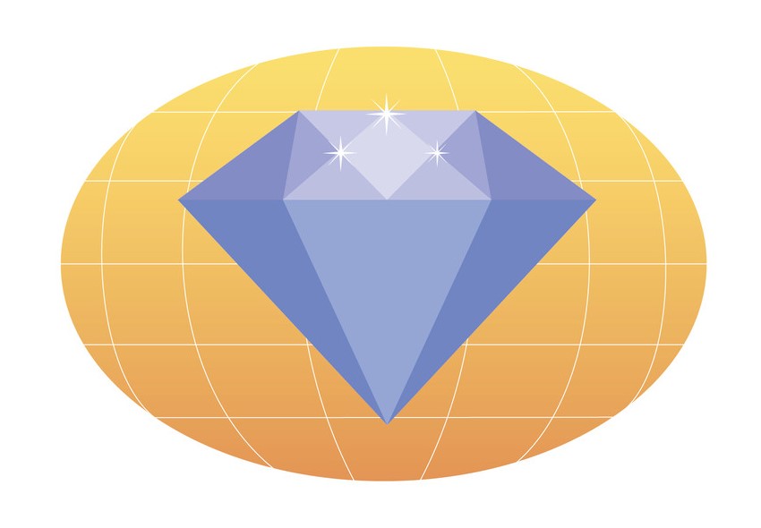 diamond in shades of purple with sparkles over a yellow-orange oval representing the globe with white latitude-longitude lines