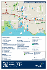 Tourism map showing downtown Whitby and the waterfront. Background is beige, parks are green, roads are white, highways burgundy. POIs are blue with numbers identified by category in the legend below the map. There are custom illustrations for many of the attractions.