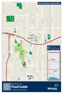 Tourism map showing north Whitby and Brooklin. Background is beige, parks are green, roads are white, highways burgundy. POIs are blue with numbers identified by category in the legend on the downtown side of the map. There are custom illustrations for many of the attractions and an inset map showing the coverage areas of the north and downtown maps, and the downtown areas of Whitby and Brooklin.